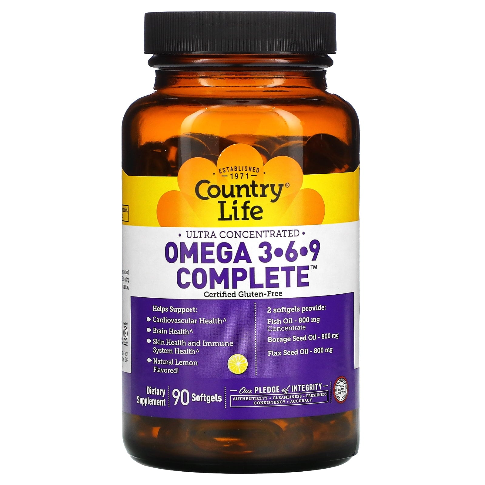 Country Life Ultra Concentrated Omega 3-6-9 Complete, Natural Lemon, 90 Softgels