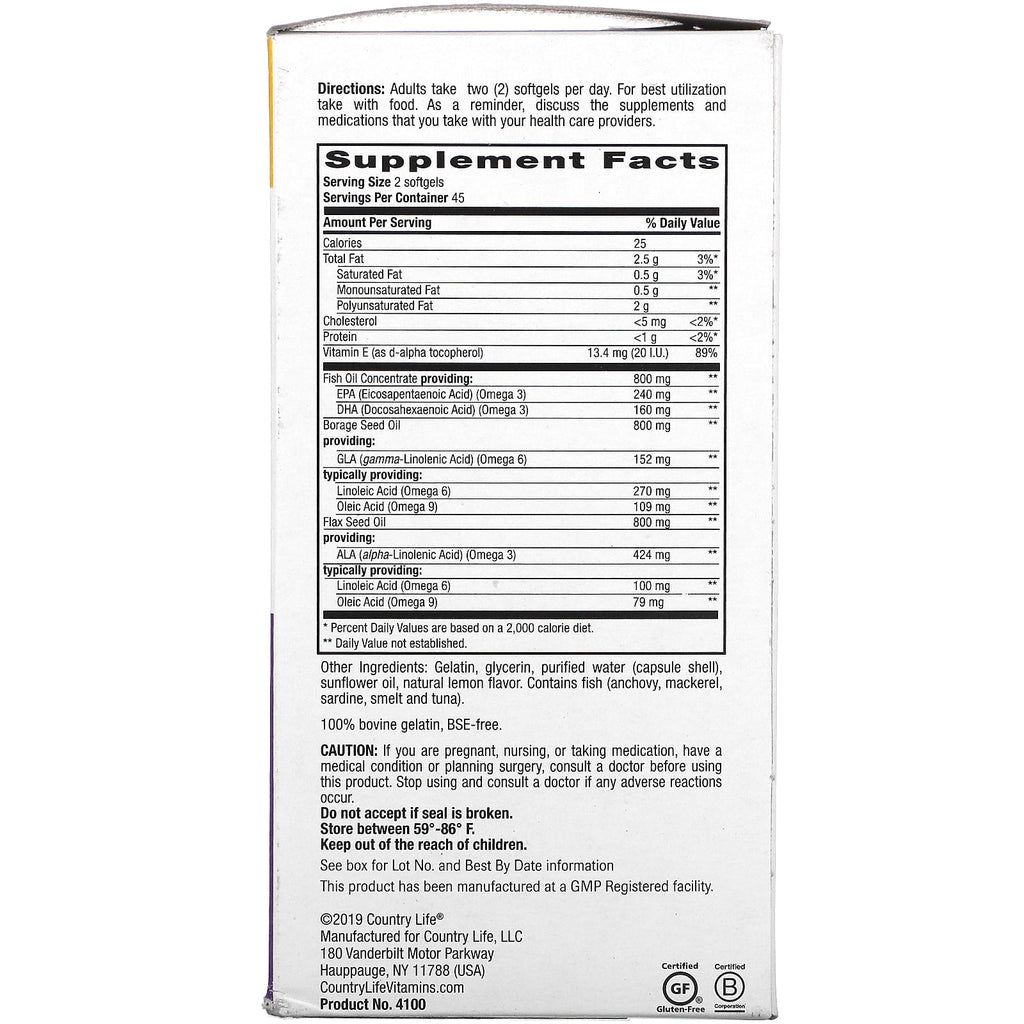 Country Life Ultra Concentrated Omega 3-6-9 Complete, Natural Lemon, 90 Softgels