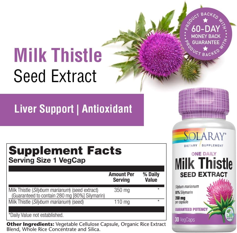Solaray Milk Thistle Seed Extract One Daily 350mg , Antioxidant Intended to Help Support a Normal, Healthy Liver , Non-GMO & Vegan 30ct (30 Servings, 30 VegCaps)