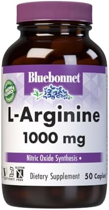 Bluebonnet Nutrition L-Arginine 1000mg, Free-Form Amino Acid, Nitric Oxide Precursor, Gluten-Free, Non-GMO, Kosher Certified, Vegan, 50 Caplets, 50 Servings|B0025PZ2HO