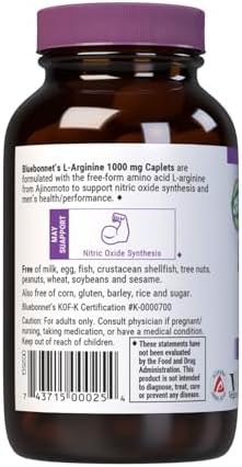 Bluebonnet Nutrition L-Arginine 1000mg, Free-Form Amino Acid, Nitric Oxide Precursor, Gluten-Free, Non-GMO, Kosher Certified, Vegan, 50 Caplets, 50 Servings|B0025PZ2HO