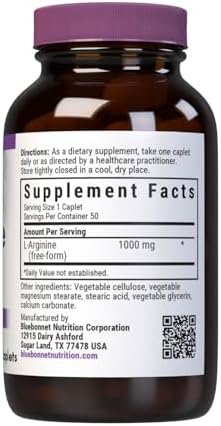 Bluebonnet Nutrition L-Arginine 1000mg, Free-Form Amino Acid, Nitric Oxide Precursor, Gluten-Free, Non-GMO, Kosher Certified, Vegan, 50 Caplets, 50 Servings|B0025PZ2HO