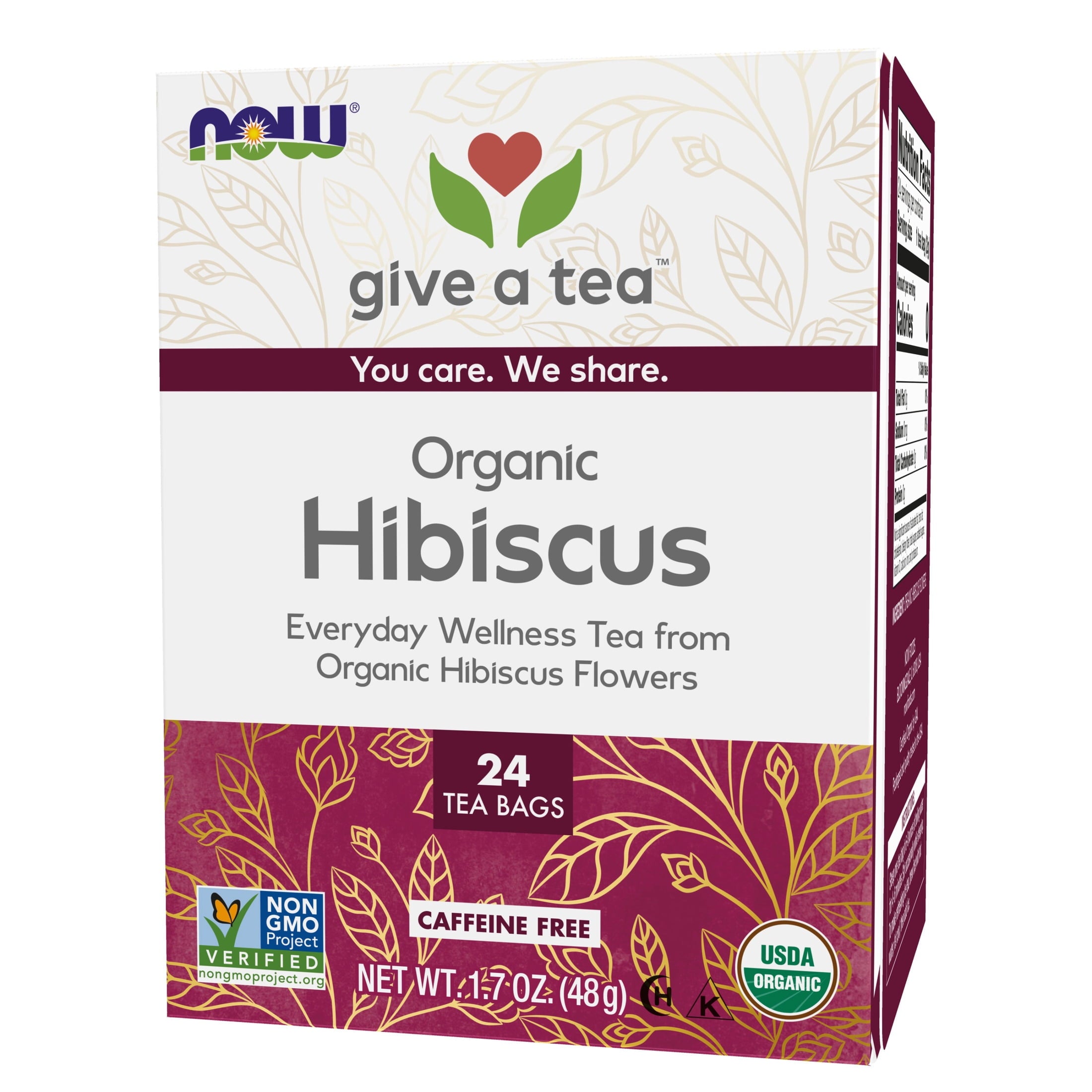 NOW Foods, Organically Hip Hibiscus™ Tea, Caffeine-Free, Non-GMO, No Added Colors, 24-Count