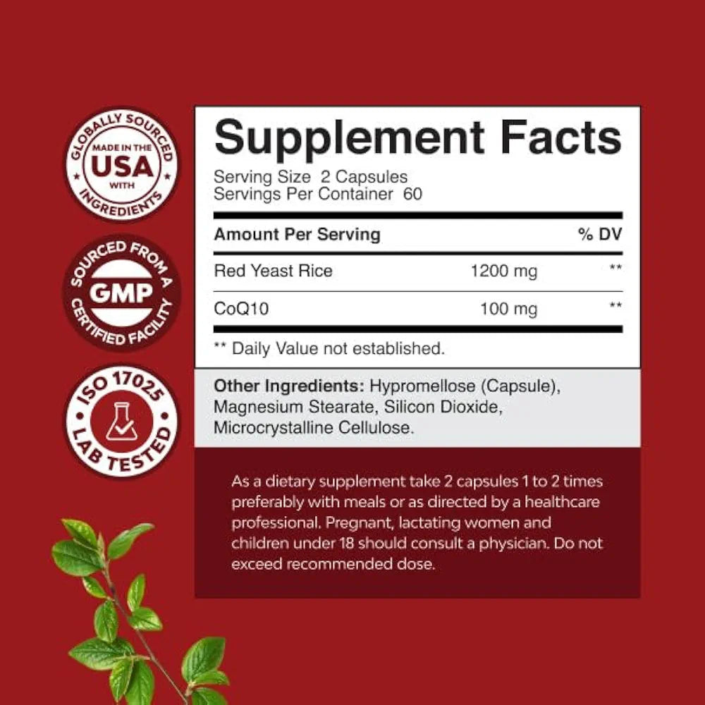Natures Craft Red Yeast Rice with CoQ10 Supplement - Advanced Healthy Heart & Healthy Cholesterol Levels Formula for Men & Women - Red Yeast Rice Capsules with 1200 mg per Serving and CoQ10-120 Count