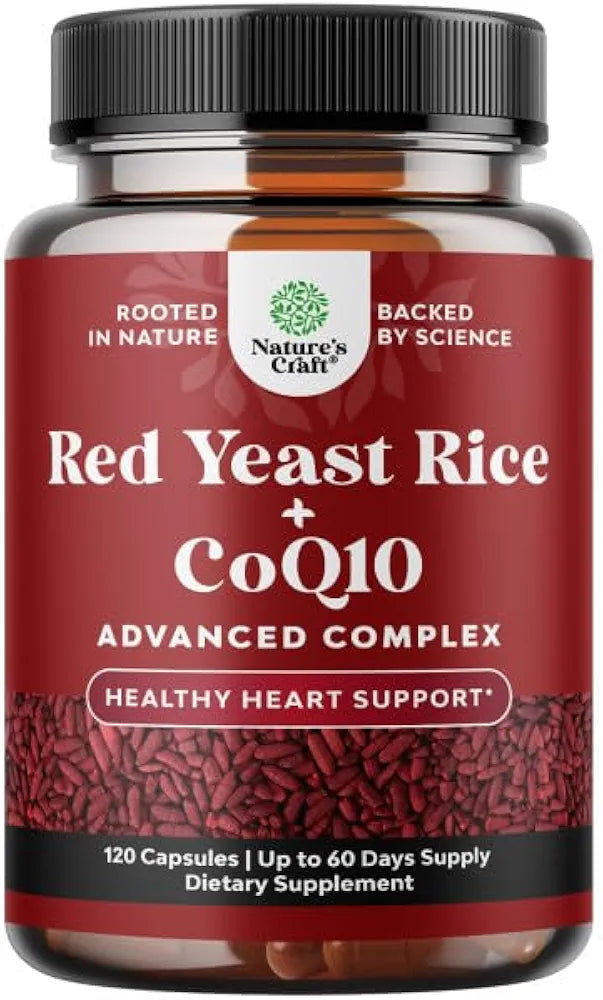 Natures Craft Red Yeast Rice with CoQ10 Supplement - Advanced Healthy Heart & Healthy Cholesterol Levels Formula for Men & Women - Red Yeast Rice Capsules with 1200 mg per Serving and CoQ10-120 Count