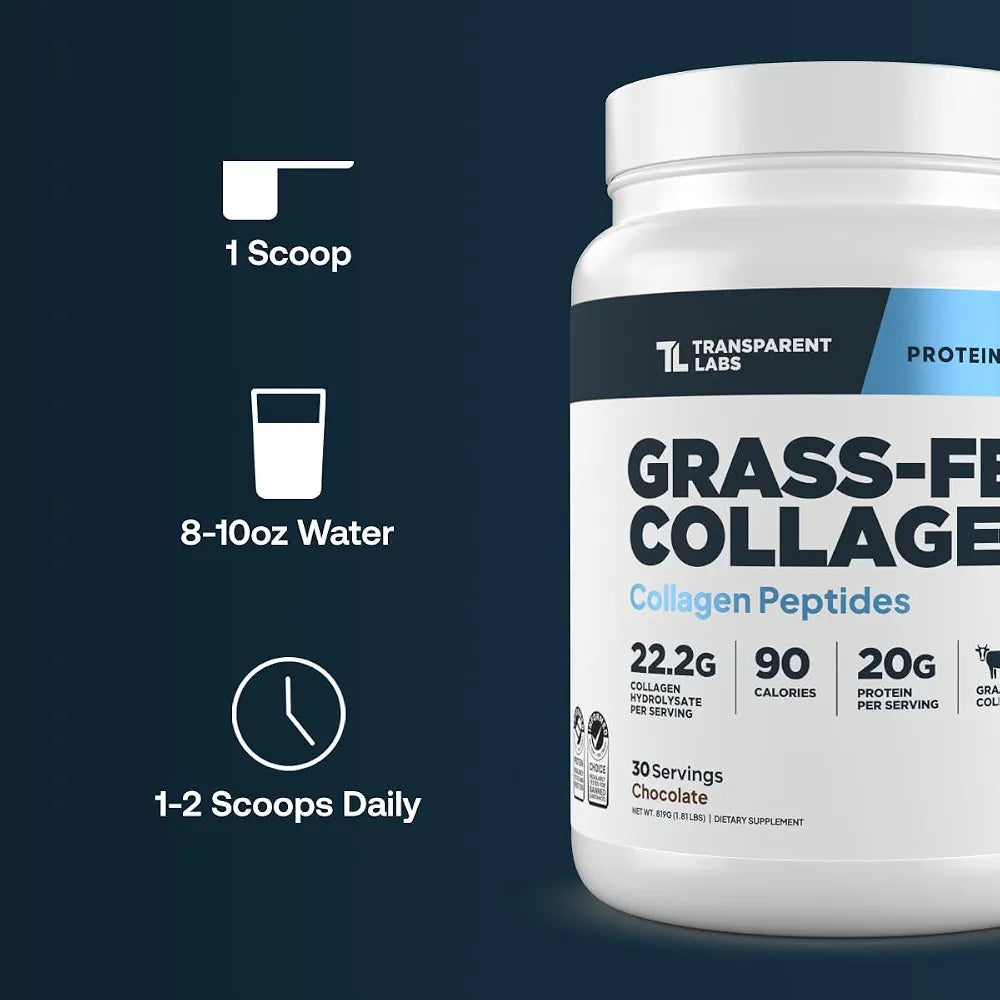 Transparent Labs Grass-Fed Collagen Peptides Powder - Chocolate Collagen Powder for Men & Women, 22G Grassfed Bovine Hydrolyzed Collagen Peptides for Skin, Hair, Bones & Muscle Recovery - 30 Servings