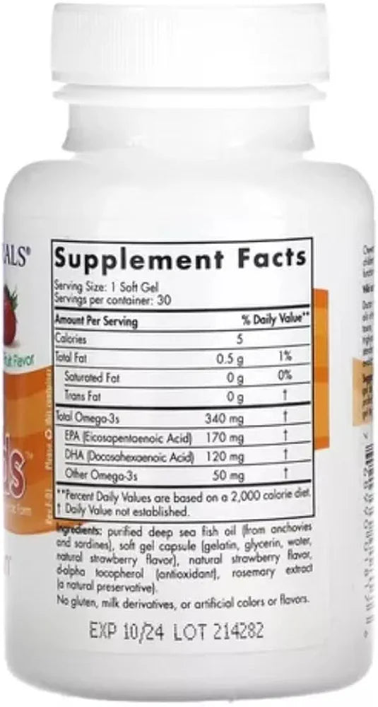 Nordic Naturals Daily Omega Kids | 340 Mg Omega 3 Fish Oil With EPA And DHA Supplement | Supports Brain Health & Visual Function In Kids DHA | Strawberry Flavour Fish Oil 30 Softgels
