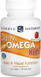 Nordic Naturals Daily Omega Kids | 340 Mg Omega 3 Fish Oil With EPA And DHA Supplement | Supports Brain Health & Visual Function In Kids DHA | Strawberry Flavour Fish Oil 30 Softgels