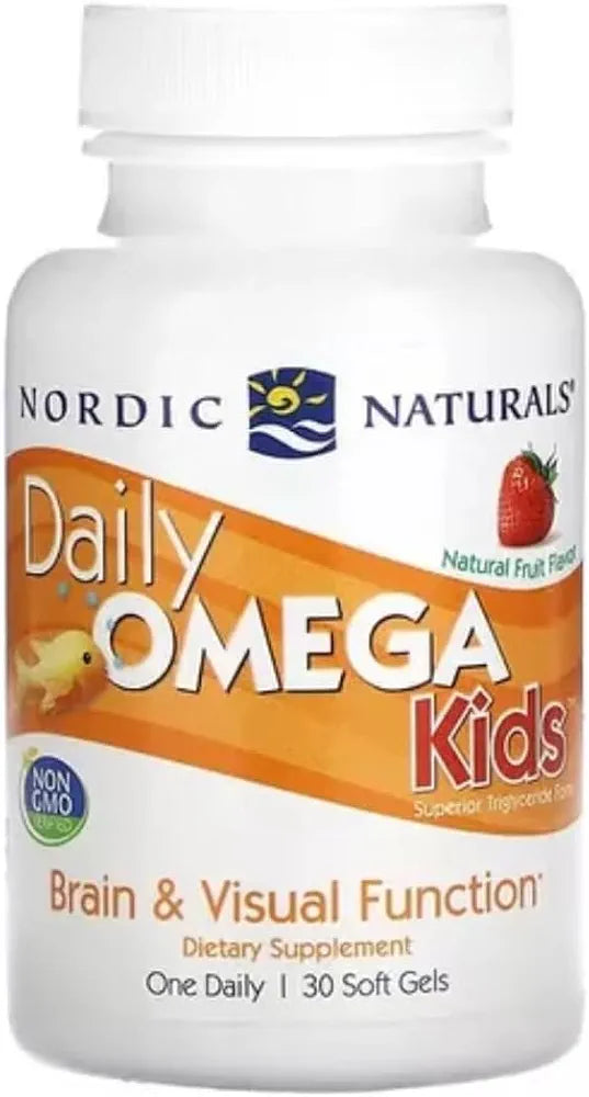 Nordic Naturals Daily Omega Kids | 340 Mg Omega 3 Fish Oil With EPA And DHA Supplement | Supports Brain Health & Visual Function In Kids DHA | Strawberry Flavour Fish Oil 30 Softgels