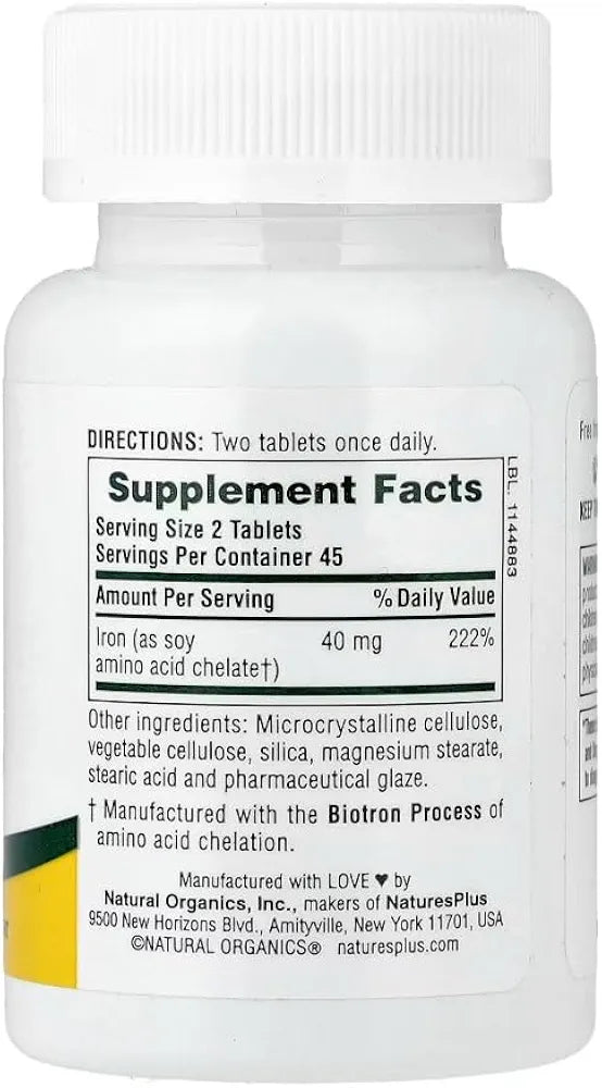 NaturesPlus Iron - 40 mg, 90 Tablets - Vegetarian, Gluten Free - 45 Servings