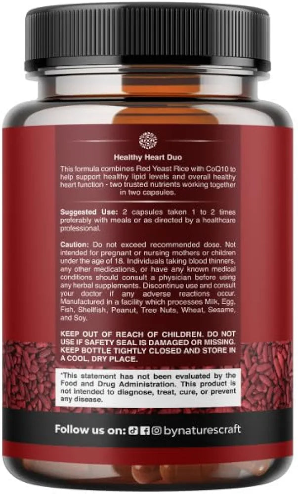 Natures Craft Red Yeast Rice with CoQ10 Supplement - Advanced Healthy Heart & Healthy Cholesterol Levels Formula for Men & Women - Red Yeast Rice Capsules with 1200 mg per Serving and CoQ10-120 Count