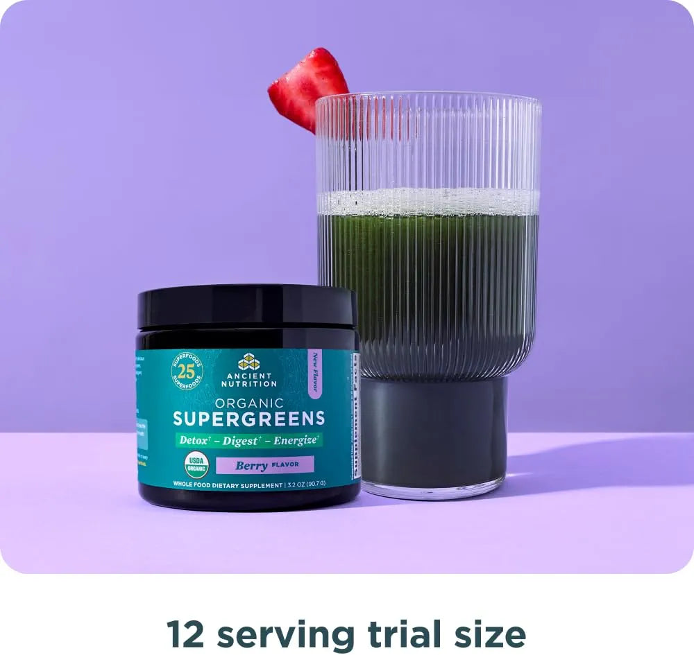 Ancient Nutrition SuperGreens Powder with Probiotics, Organic Berry Flavor Greens, Made from Real Fruits, Vegetables and Herbs, Digestive and Energy Support, 12 Servings, 3.2oz