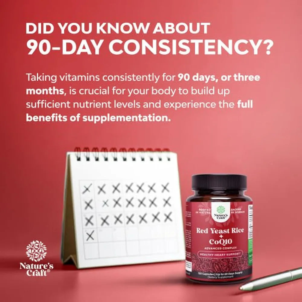 Natures Craft Red Yeast Rice with CoQ10 Supplement - Advanced Healthy Heart & Healthy Cholesterol Levels Formula for Men & Women - Red Yeast Rice Capsules with 1200 mg per Serving and CoQ10-120 Count