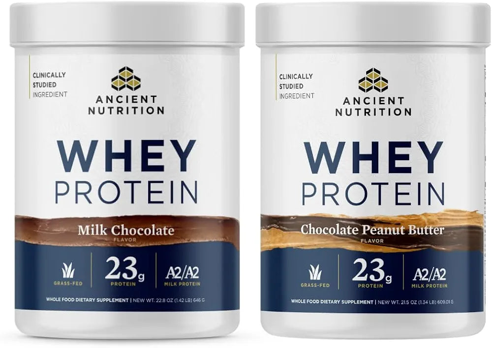 Ancient Nutrition Grass-fed Whey Protein Powder, Chocolate Peanut Butter, 18 Servings + Grass-fed Whey Protein Powder, Milk Chocolate, 20 Servings