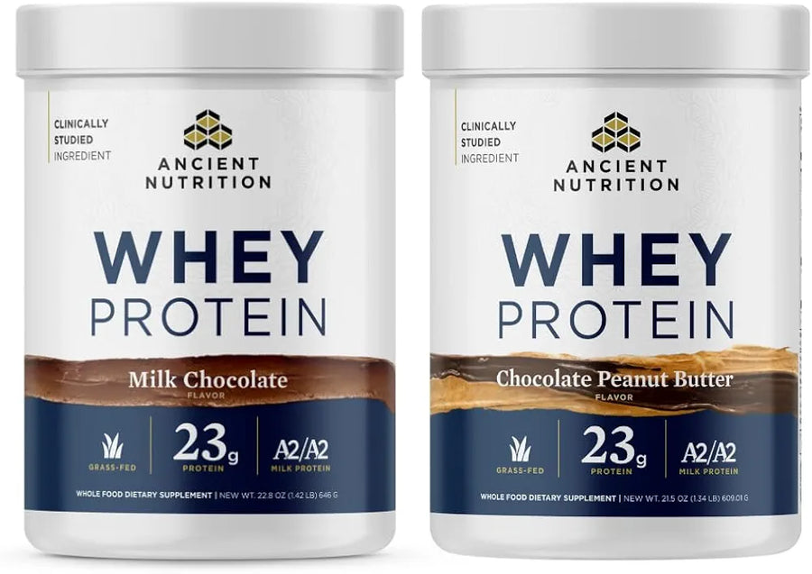 Ancient Nutrition Grass-fed Whey Protein Powder, Chocolate Peanut Butter, 18 Servings + Grass-fed Whey Protein Powder, Milk Chocolate, 20 Servings