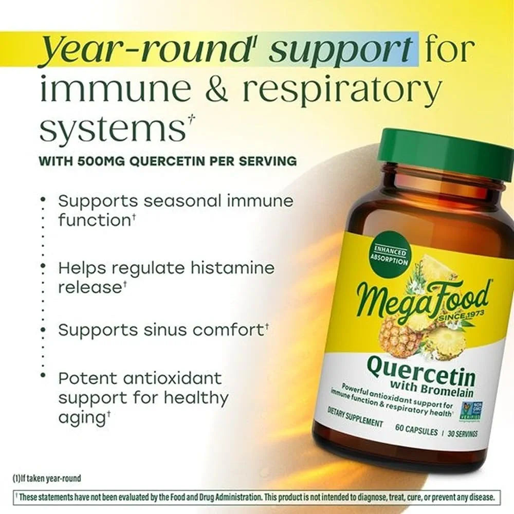 MegaFood Quercetin with Bromelain Supplement, Respiratory & Seasonal Immune Support Supplement, Quercetin 500mg Capsules & Enhanced Absorption, Vegan, Gluten-Free, 60 Capsules, 30 Servings