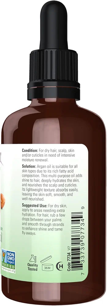 NOW Foods Solutions, Organic Argan Oil, Certified Organic and 100% Pure, "Gold of Morocco" Multi-Purpose Oil, 2-Ounce