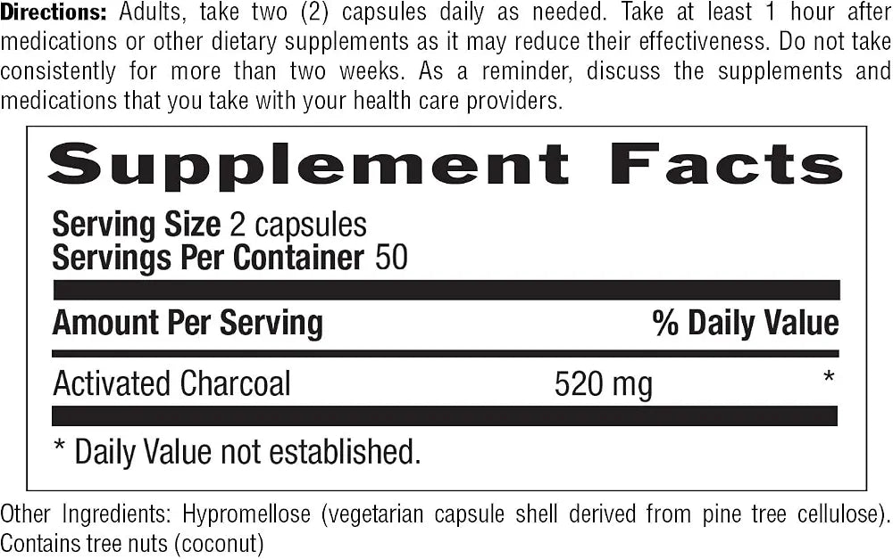 Country Life Coconut Activated Charcoal Capsules, 260mg – Natural Charcoal Supplement for Gas and Bloating Relief - Gluten-Free, 100 Vegan Capsules