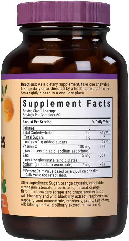 Bluebonnet Nutrition Earthsweet Zinc Lozenges 15mg Chewables, Plus 100mg of Vitamin C, Soy-Free, Gluten-Free, Kosher Certified, Dairy-Free, Vegan, Orange Flavored, 60 Lozenges