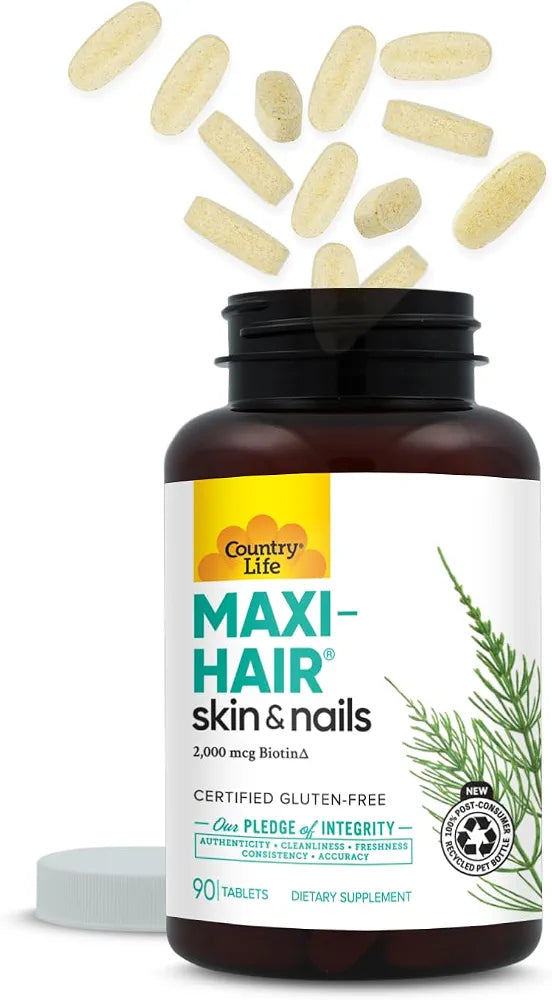 Country Life Maxi-Hair Supplement - 2000mcg Biotin & Vitamins for Hair, Skin & Nails - Certified Gluten-Free & Vegetarian - Supports Hair Growth, 90 Tablets