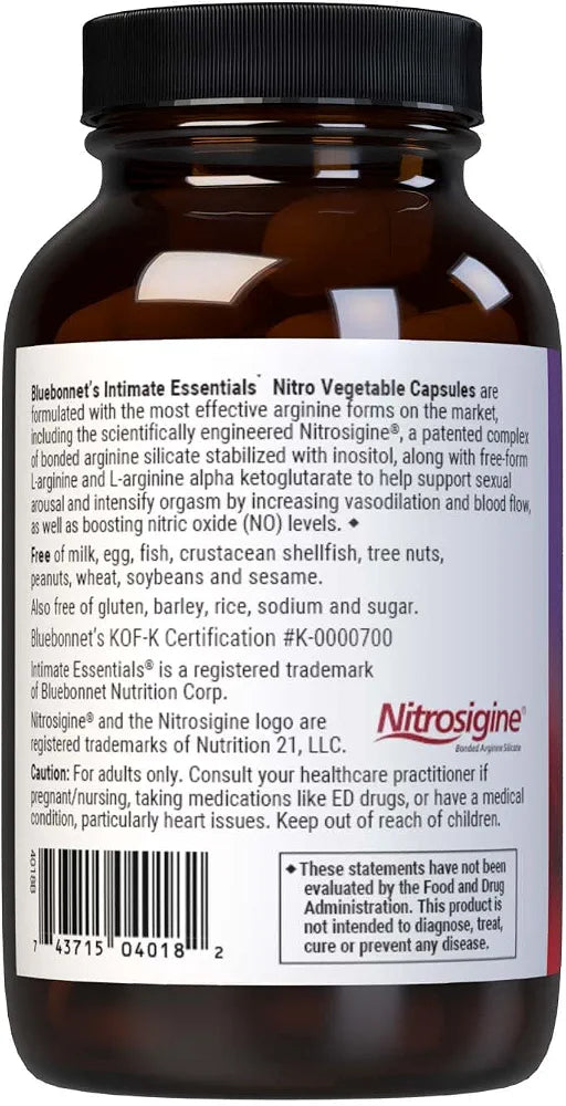 BlueBonnet Nutrition Intimate Essentials Nitro, L-Arginine, Sexual Arousal Support*, for Him & Her, Soy-Free, Gluten-Free, Vegan, 60 Vegetable Capsules