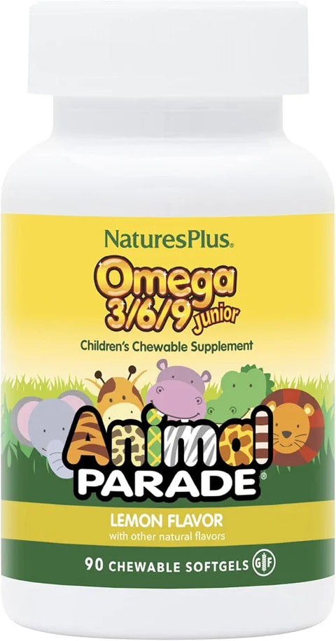 NaturesPlus Animal Parade Omega 3/6/9 Junior, Lemon Flavor - 90 Softgels - Promotes Children’s Immune, Skin, Eye & Nervous System Health - Non-GMO, Gluten Free - 45 Servings