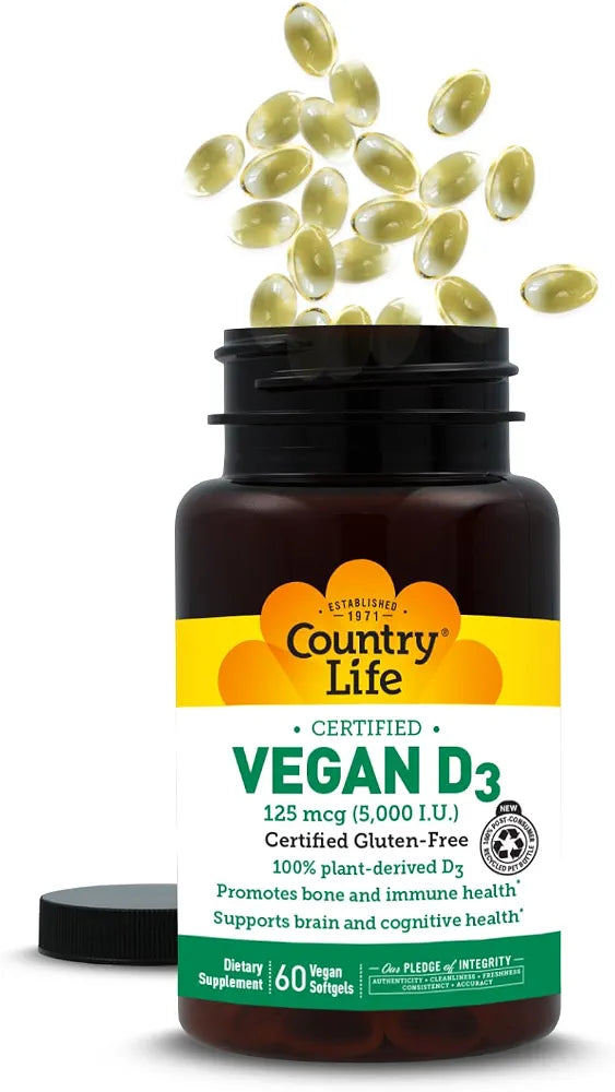 Country Life Vegan D3 5000 IU – Plant-Derived Vitamin D3 from Lichen – Certified Vegan, Gluten-Free, Non-GMO – Clean, Simple Formula – 60 Softgels