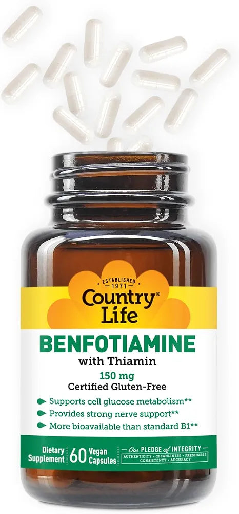 Country Life Benfotiamine with Thiamin, Nerve Health Support, 150mg, 60 Vegetarian Capsules, Certified Gluten Free, Certified Vegan