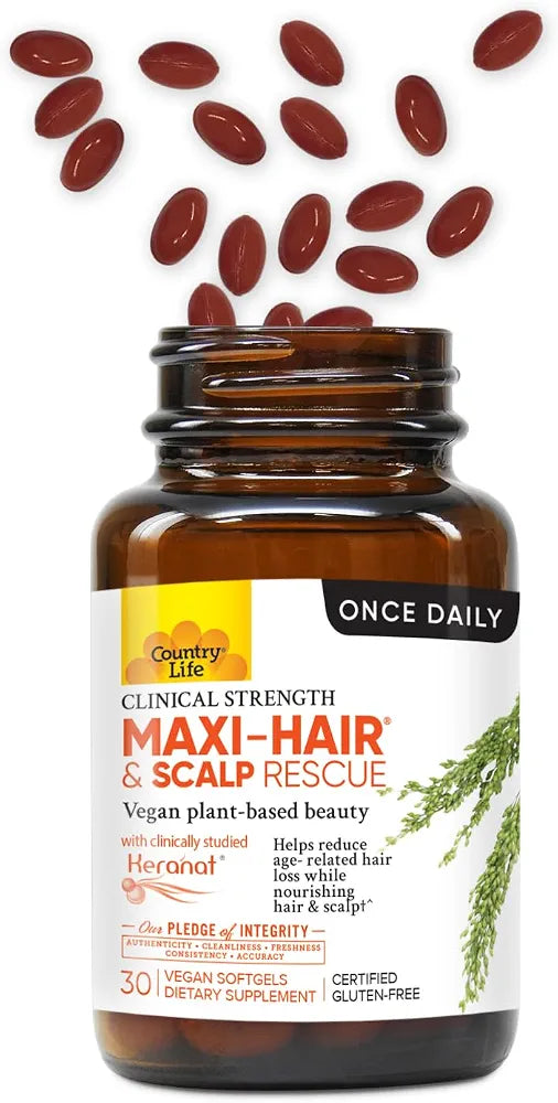 Country Life Maxi-Hair & Scalp Rescue, Clinical Strength Plant-Based Beauty, 30 Softgels, Gluten Free