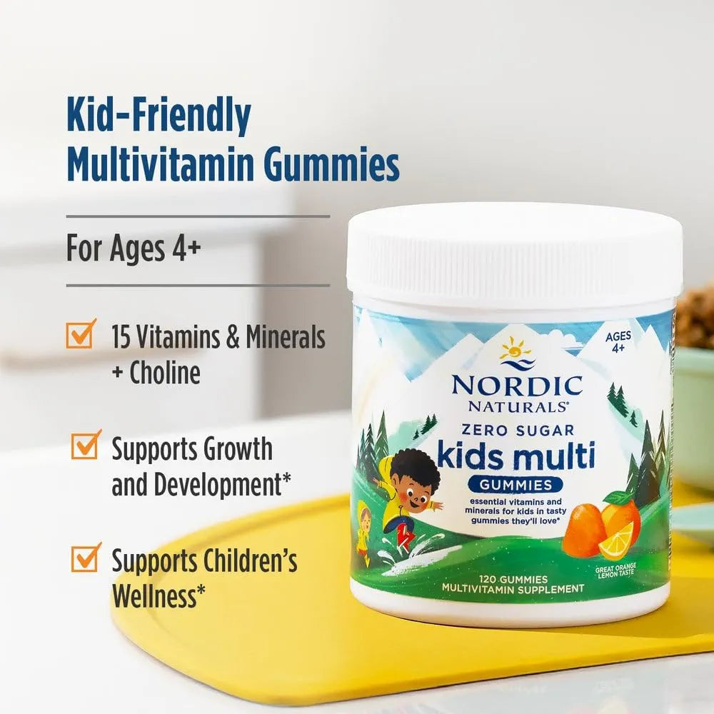 Nordic Naturals Zero Sugar Kids Multi Gummies, Orange Lemon - 120 Gummies - Great-Tasting Multivitamin for Ages 4+ - Supports Growth & Development - Non-GMO, Vegetarian - 30 Servings