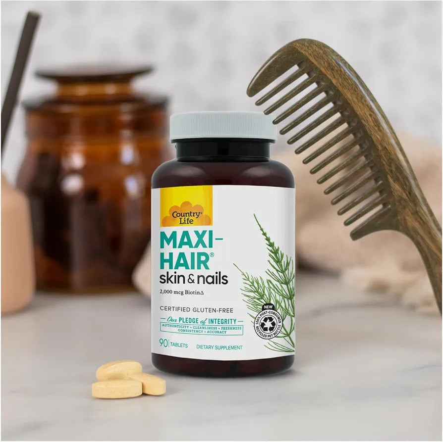 Country Life Maxi-Hair Supplement - 2000mcg Biotin & Vitamins for Hair, Skin & Nails - Certified Gluten-Free & Vegetarian - Supports Hair Growth, 90 Tablets