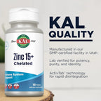 KAL Zinc 15mg Plus Betaine HCl and Trace Minerals - Zinc Supplements for Men and Women - Immune Support, Cellular Function, Skin Health Support - Vegan, Gluten Free, Ideal for Daily Use - 100 Tablets