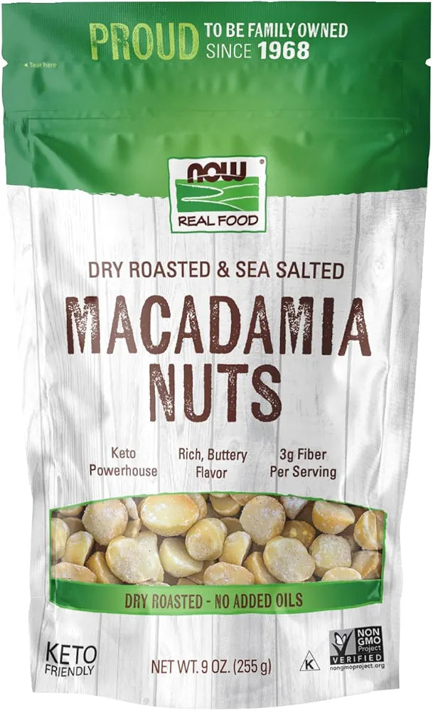 NOW Foods, Macadamia Nuts, Dry Roasted with Sea Salt, Source of Fiber, Gluten-Free and Certified Non-GMO, 9-Ounce 