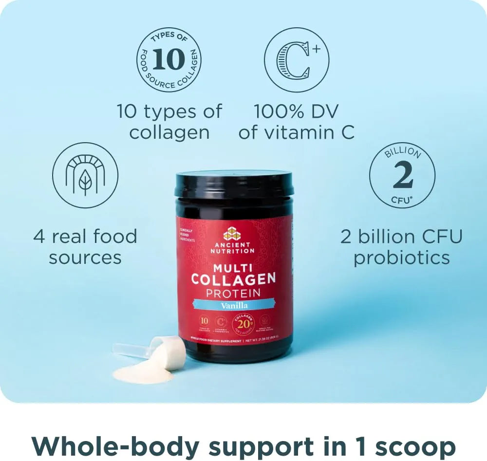 Ancient Nutrition Grass-fed Whey Protein Powder, Vanilla Bean, 35 Servings + Multi Collagen Protein Peptides Powder, Vanilla, 60 Servings