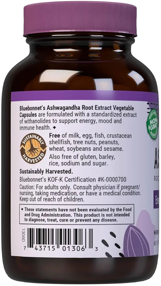 Bluebonnet Ashwagandha Root Extract, 60 Vegetable Capsules