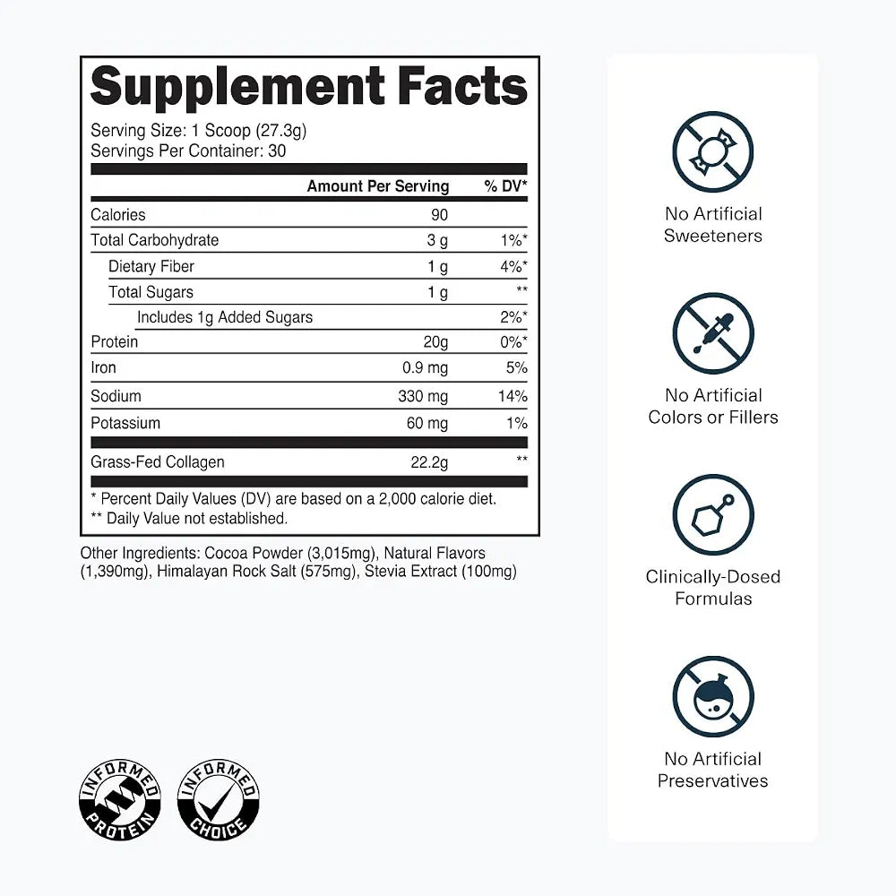 Transparent Labs Grass-Fed Collagen Peptides Powder - Chocolate Collagen Powder for Men & Women, 22G Grassfed Bovine Hydrolyzed Collagen Peptides for Skin, Hair, Bones & Muscle Recovery - 30 Servings