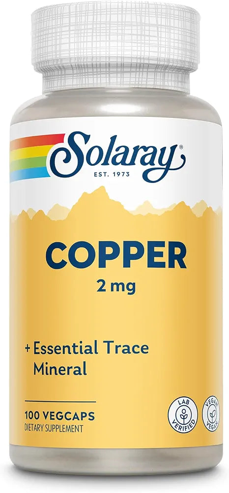 Solaray Copper 2mg - Chelated Copper Supplements for Women and Men, Essential Trace Mineral Pills from Amino Acid Chelate Complex for Overall Health Support - 100 Vegan Capsules