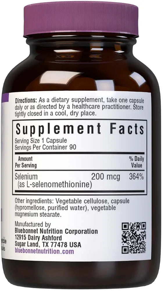 Bluebonnet Selenium 200mcg Capsules  - Potent Antioxidant Support - Amino Acid Complex Selenium Supplement for Women & Men - Vegan, Non-GMO, Gluten-Free - 90 Vegetable Capsules