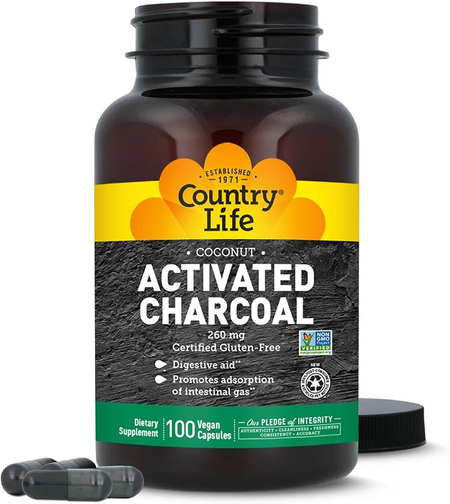 Country Life Coconut Activated Charcoal Capsules, 260mg – Natural Charcoal Supplement for Gas and Bloating Relief - Gluten-Free, 100 Vegan Capsules