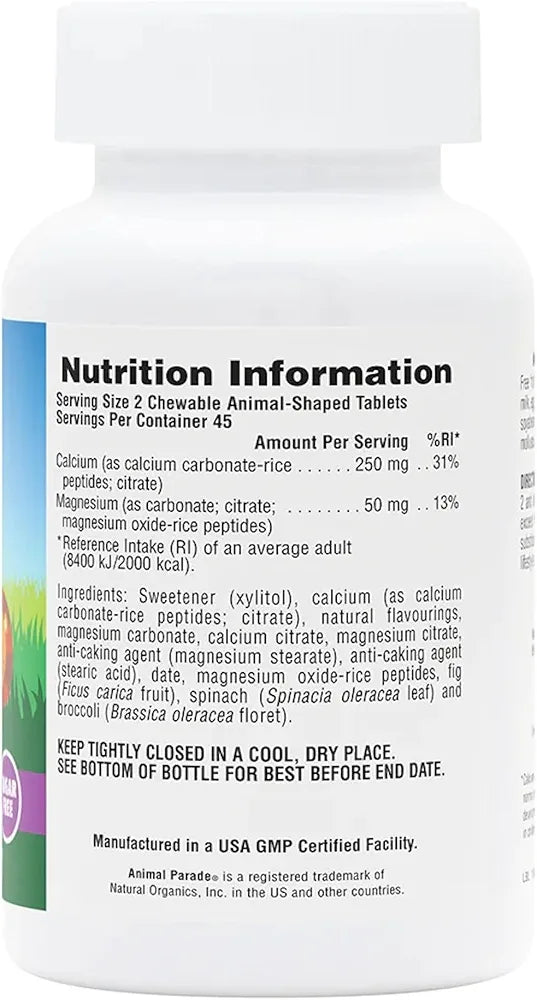 Nature's Plus Animal Parade Sugar-Free Children's Calcium Supplement - Vanilla Sundae Flavour - 90 Chewable Animal Shaped Tablets – Whole Foods - Gluten Free - 45 Servings