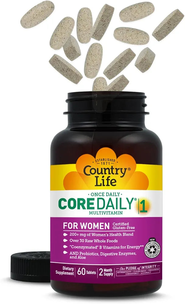 Country Life Women’s Core 1 Daily Multivitamin with Iron, Cranberry, Probiotics, and Digestive Enzymes-Certified Gluten-Free Formula for Energy, Immune Support and Complete Digestive Health,60 Tablets