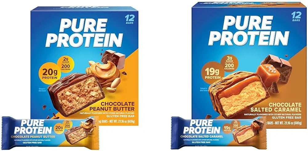 Pure Protein Chocolate Peanut Butter & Chocolate Salted Caramel Protein Bars, High Protein, Nutritious Snacks, Gluten Free, 1.76oz, 12 Count