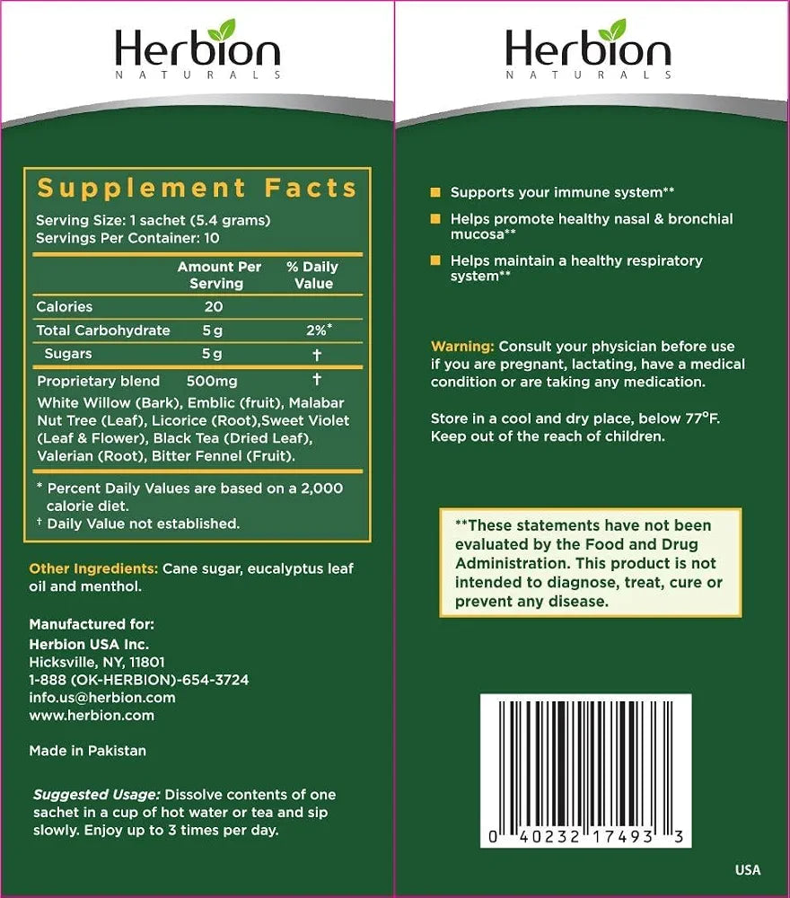 HERBION Naturals Respiratory Care Herbal Granules, Natural Mint Flavor, Soothing Hot Drink, Promotes Respiratory Health & Seasonal Wellness, 10 Count 