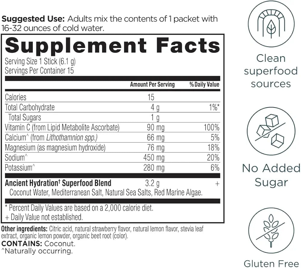 Ancient Nutrition Rapid Hydration Powder, Strawberry Lemonade, Electrolytes from Natural Sea Salts and Red Marine Algae, Supports Rapid Body Hydration and Cellular Health, 15 Servings
