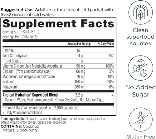 Ancient Nutrition Rapid Hydration Powder, Strawberry Lemonade, Electrolytes from Natural Sea Salts and Red Marine Algae, Supports Rapid Body Hydration and Cellular Health, 15 Servings