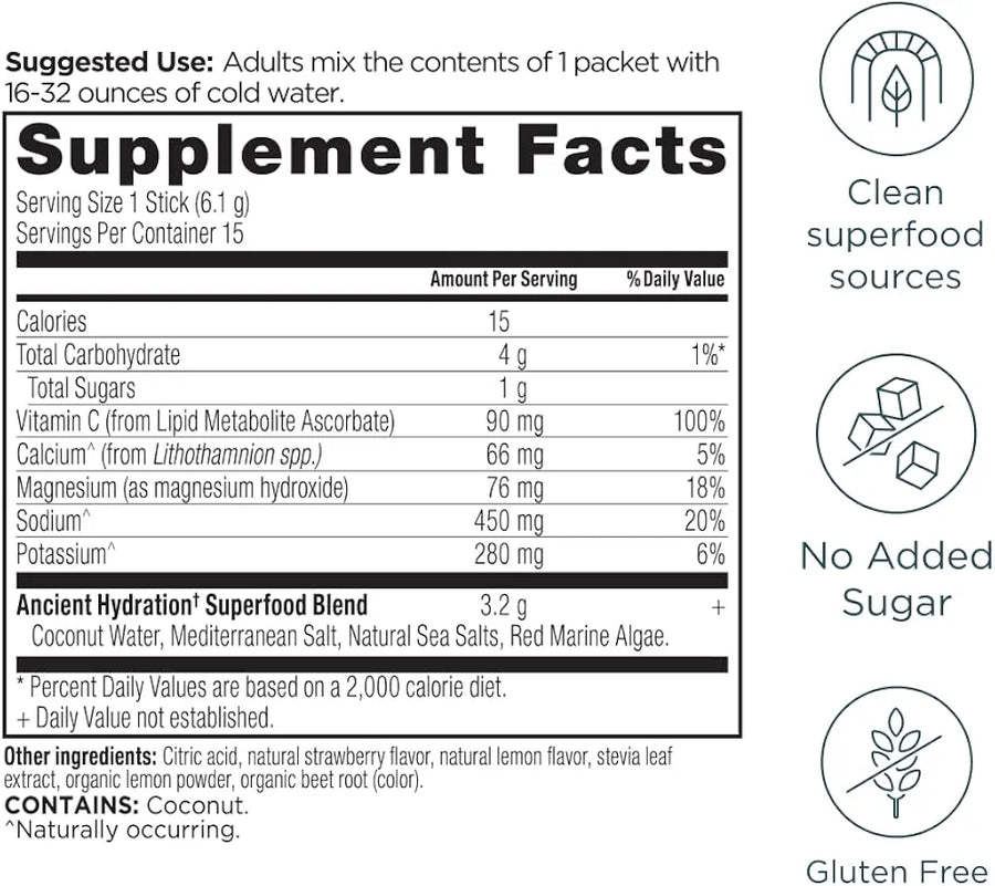 Ancient Nutrition Rapid Hydration Powder, Strawberry Lemonade, Electrolytes from Natural Sea Salts and Red Marine Algae, Supports Rapid Body Hydration and Cellular Health, 15 Servings