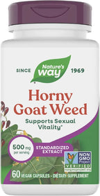 Nature's Way Horny Goat Weed, Standardized Extract, Supports Sexual Vitality*, 500 mg per Serving, Non-GMO Project Verified, 60 Vegan Capsules 