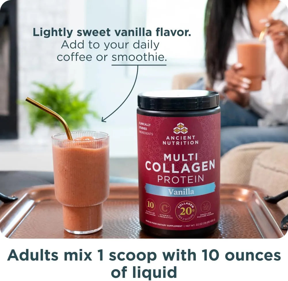 Ancient Nutrition Grass-fed Whey Protein Powder, Vanilla Bean, 35 Servings + Multi Collagen Protein Peptides Powder, Vanilla, 60 Servings
