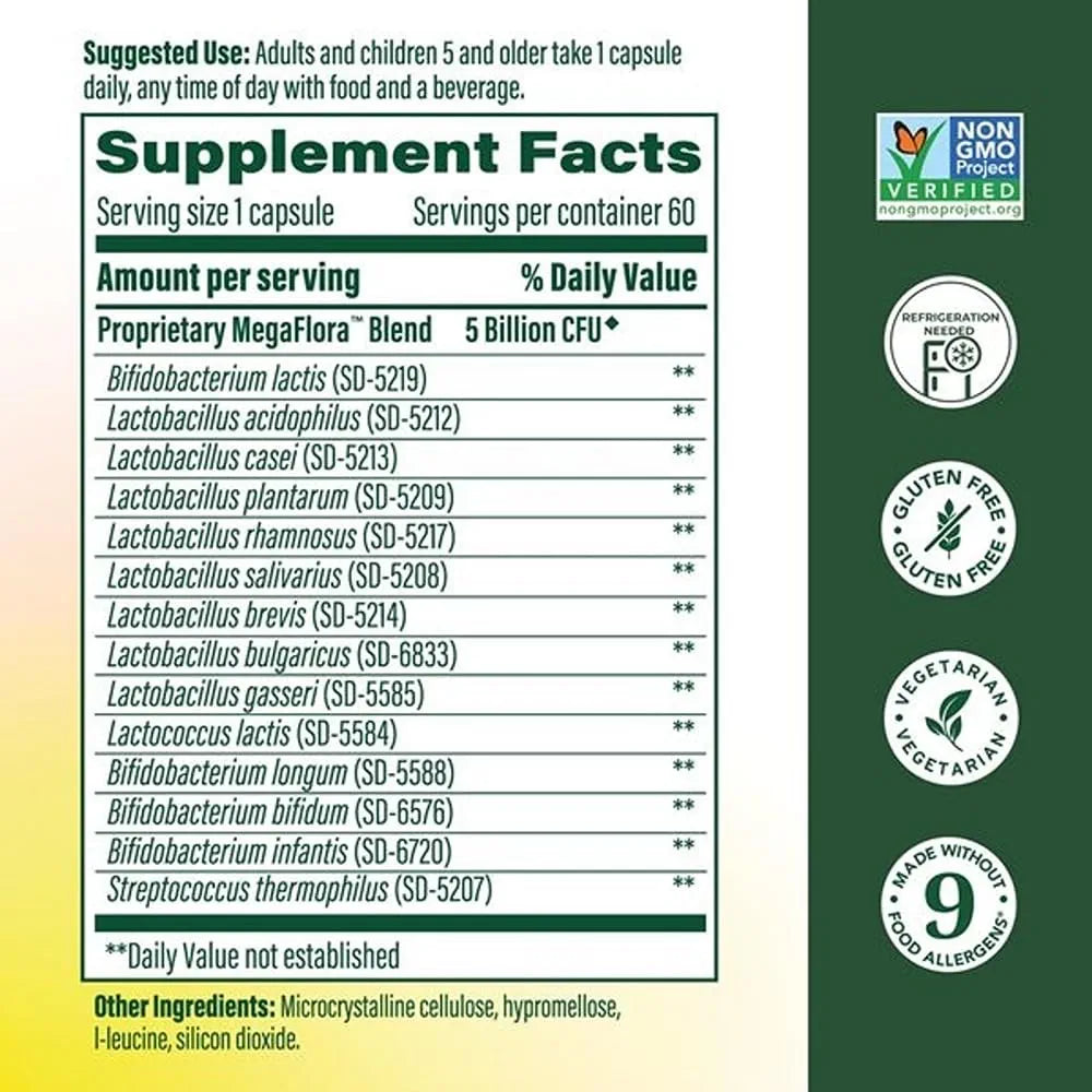 MegaFood MegaFlora Kids Probiotics - 5 Billion CFUs - Non-GMO, Vegetarian, Made Without 9 Food Allergens, Probiotics for Digestive Health- 60 Mini Capsules 