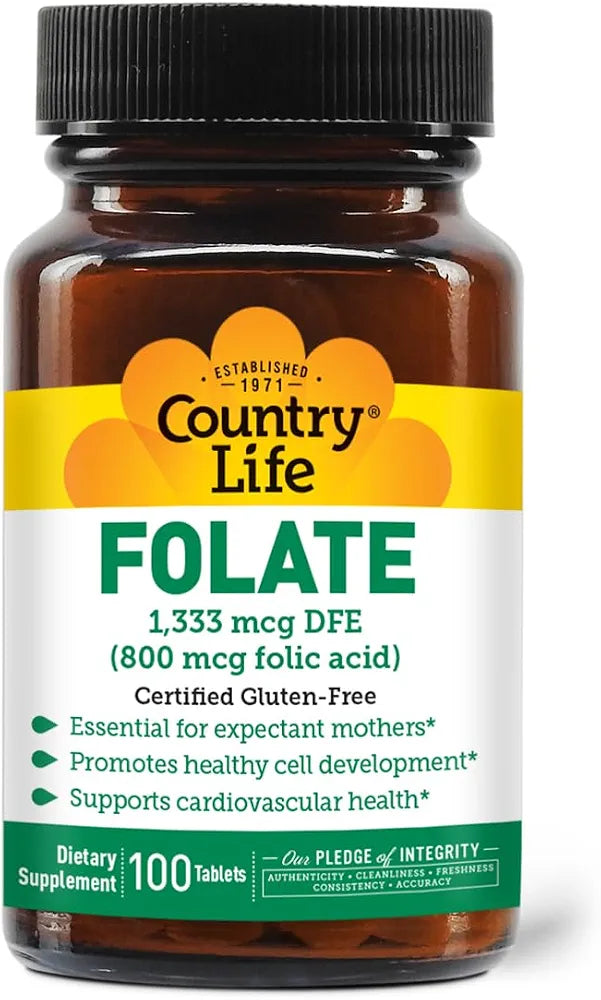 Country Life Folate 800 mcg , Supports Healthy Cell Development & Heart Health, Prenatal Support for Women, 100 Tablets, Certified Gluten-Free, Vegetarian, Kosher